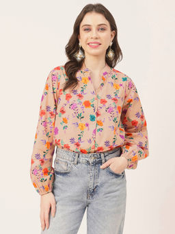 Moomaya - Women Comfortable Fit Poplin Floral Peach Shirt