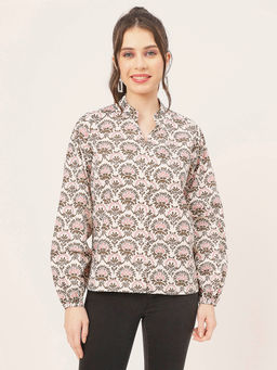 Moomaya - Women Comfortable Fit Poplin Floral White Shirt