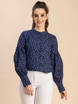 Moomaya - Women Comfortable Fit Poplin Polka Dots Navy Blue Shirt