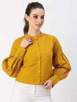 Moomaya - Women Comfortable Fit Poplin Polka Dots Mustard Shirt
