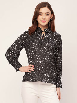 Moomaya - Women Comfortable Fit Georgette Polka Dots Black Top