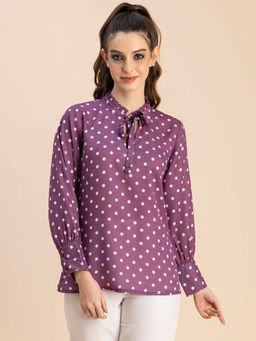Moomaya - Women Comfortable Fit Georgette Polka Dots Purple Top