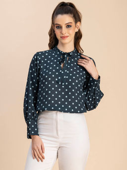 Moomaya - Women Comfortable Fit Georgette Polka Dots Green Top