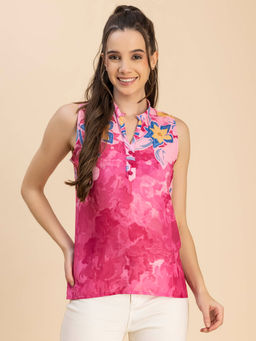 Moomaya - Women Comfortable Fit Georgette Floral Pink Top