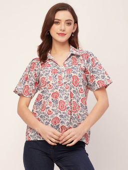Moomaya - Women Comfortable Fit Cotton Floral White Top