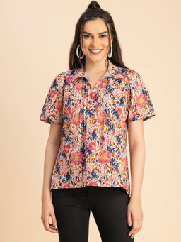 Moomaya - Women Comfortable Fit Cotton Floral Multi-Color Top