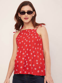 Moomaya - Women Comfortable Fit Poplin Printed Red Top