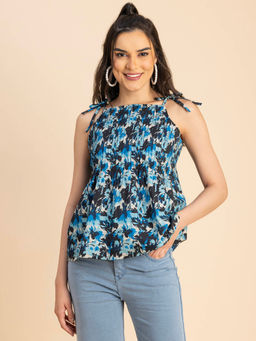 Moomaya - Women Comfortable Fit Poplin Floral Blue Top