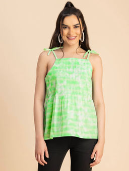Moomaya - Women Comfortable Fit Poplin Tie & Dye Green Top