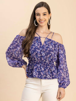 Moomaya - Women Skinny Fit Georgette Floral Purple Top