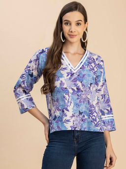 Moomaya - Women Comfortable Fit Cotton Floral Blue Top
