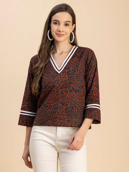 Moomaya - Women Comfortable Fit Cotton Animal Print Brown Top