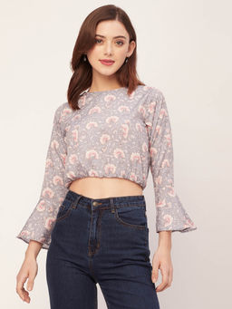Moomaya - Women Comfortable Fit Polyester Floral Grey Crop Top