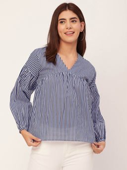 Moomaya - Women Free Fit Cotton Stripes Blue Top