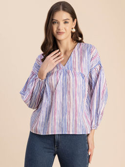 Moomaya - Women Free Fit Cotton Stripes Multi-Color Top