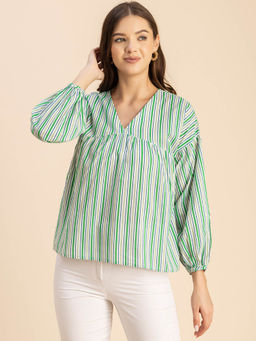 Moomaya - Women Free Fit Cotton Stripes Green Top