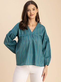 Moomaya - Women Free Fit Cotton Stripes Green Top