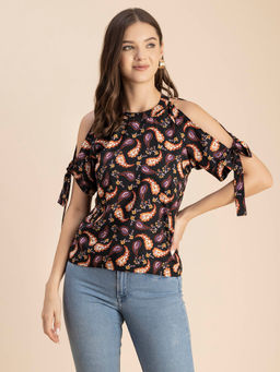Moomaya - Women Free Fit Polyester Paisley Black Top