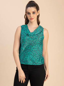 Moomaya - Women Comfortable Fit Satin Animal Print Green Top