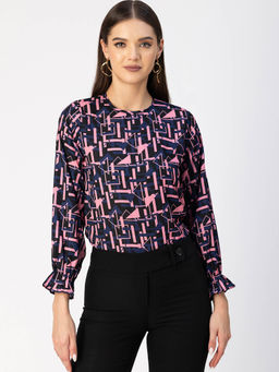 Moomaya - Women Free Fit Georgette Geometric Black Top