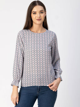 Moomaya - Women Free Fit Georgette Geometric Grey Top