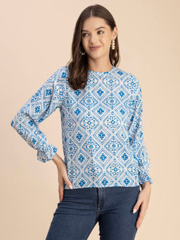 Moomaya - Women Free Fit Georgette Printed Blue Top