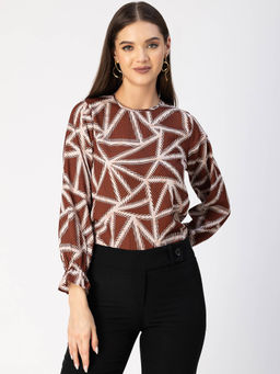 Moomaya - Women Free Fit Georgette Geometric Brown Top