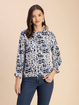 Moomaya - Women Free Fit Georgette Geometric Multi-Color Top