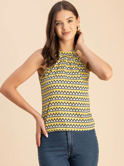 Moomaya - Women Free Fit Polyester Geometric Yellow Top