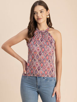 Moomaya - Women Free Fit Polyester Printed Pink Top