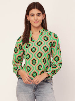 Moomaya - Women Free Fit Georgette Printed Green Top