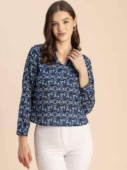 Moomaya - Women Free Fit Georgette Printed Navy Blue Top
