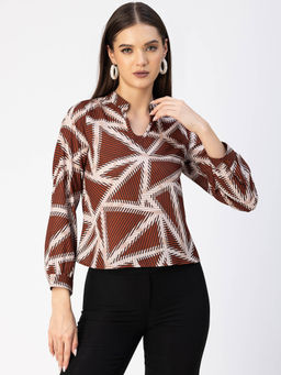 Moomaya - Women Free Fit Georgette Geometric Brown Top