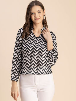 Moomaya - Women Free Fit Georgette Geometric Black Top