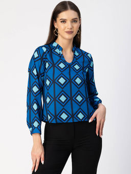 Moomaya - Women Free Fit Georgette Geometric Blue Top