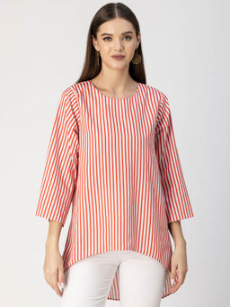 Moomaya - Women Free Fit Polyester Stripes Red Top