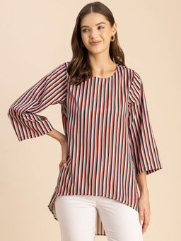 Moomaya - Women Free Fit Polyester Stripes Multi-Color Top