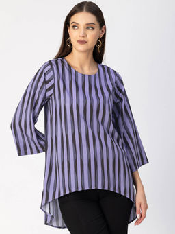 Moomaya - Women Free Fit Polyester Stripes Purple Top