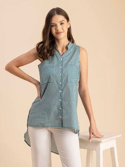 Moomaya - Women Free Fit Cotton Stripes Teal Top