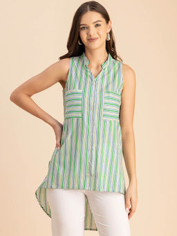 Moomaya - Women Free Fit Cotton Stripes Green Top