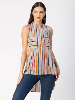 Moomaya - Women Free Fit Cotton Stripes Multi-Color Top