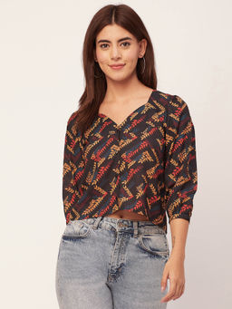 Moomaya - Women Comfortable Fit Georgette Floral Black Top