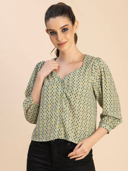 Moomaya - Women Comfortable Fit Georgette Geometric Green Top