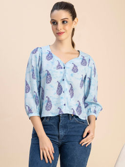 Moomaya - Women Comfortable Fit Georgette Paisley Blue Top