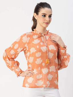 Moomaya - Women Comfortable Fit Georgette Floral Orange Top