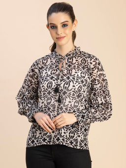 Moomaya - Women Comfortable Fit Georgette Printed White Top