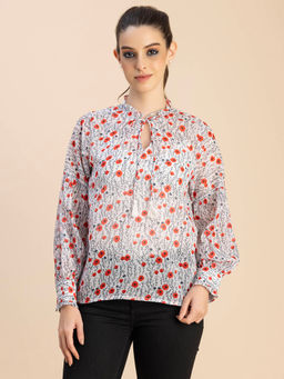 Moomaya - Women Comfortable Fit Georgette Floral White Top