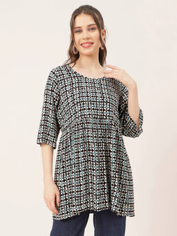 Moomaya - Women Comfortable Fit Rayon Printed Black Top