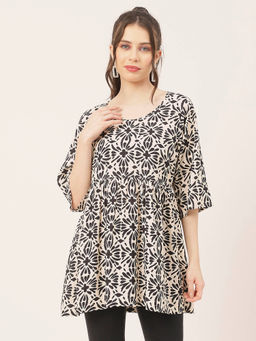 Moomaya - Women Comfortable Fit Rayon Printed Off White Top