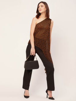Moomaya - Women Comfortable Fit Georgette Animal Print Brown Top